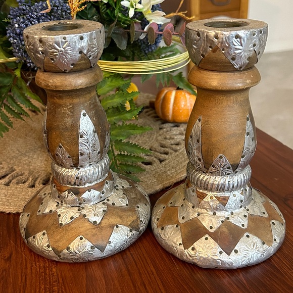 Other - Steampunk Decorative Candle Holders Wooden w Pressed Silver tone Tin quantity 2